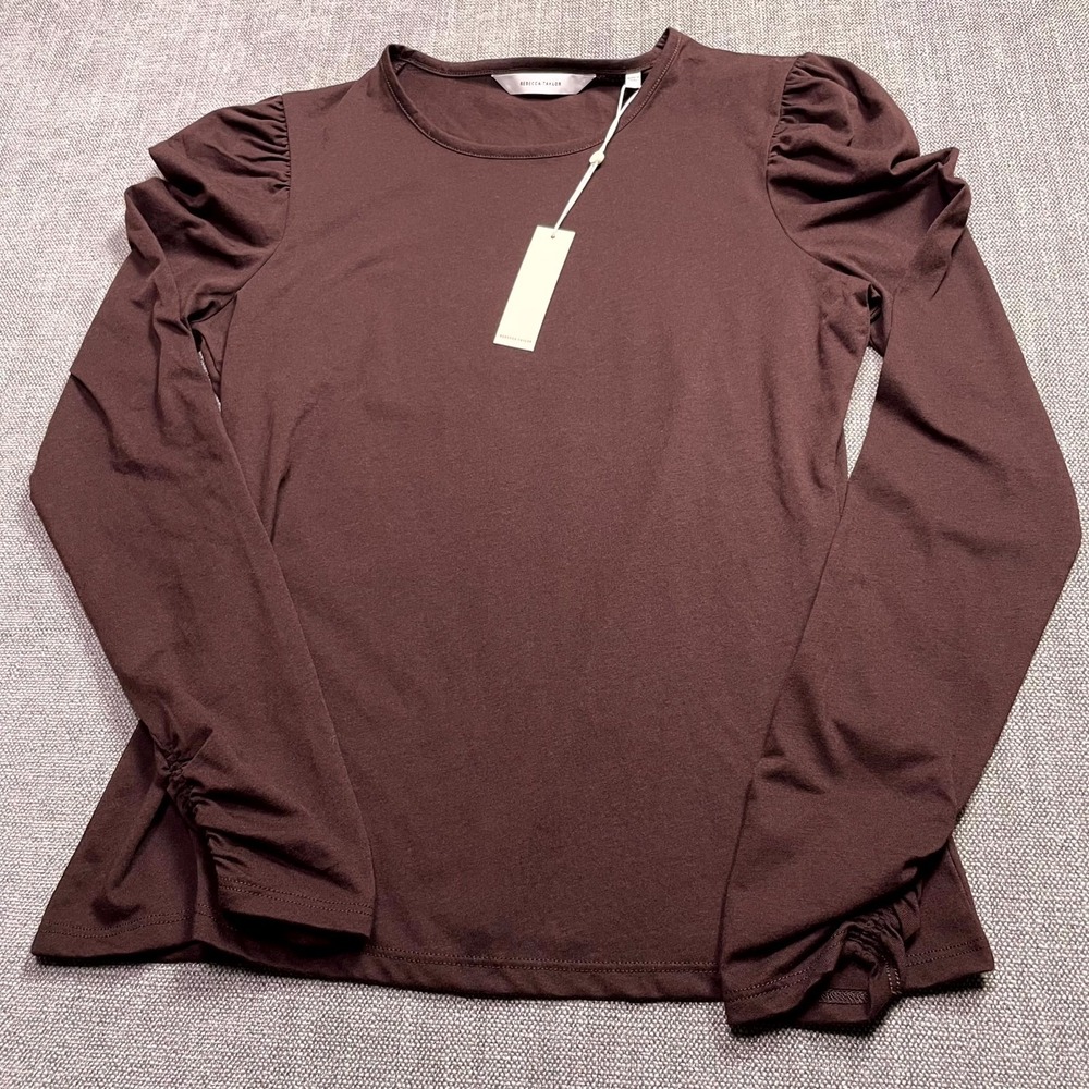 Rebecca Taylor Blouse Top Womens Medium Brown Ruched Puff Sleeve 122389K031